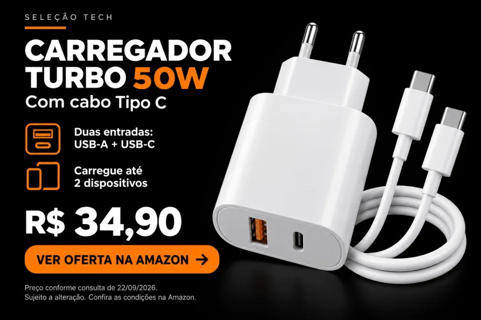 Carregador turbo 50W com duas portas USB e cabo tipo C — ver oferta na Amazon