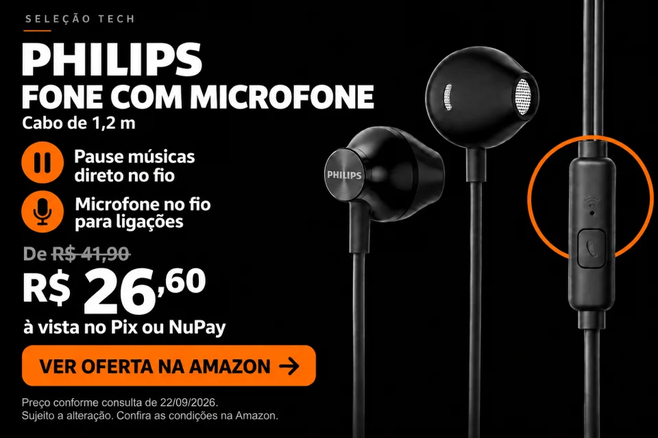Fone de ouvido Philips intra-auricular com microfone e fio de 1,2m — ver oferta na Amazon